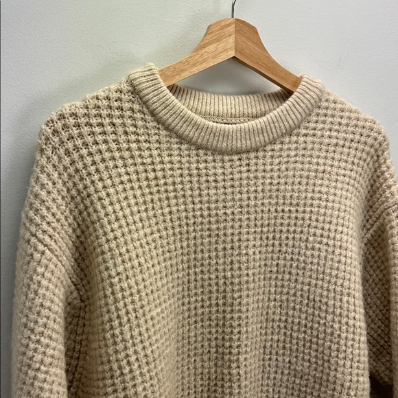 Zara Chunky Waffle Knit Crew Neck Sweater Cream Oatmeal Womens Large Fisherman - Picture 2 of 8